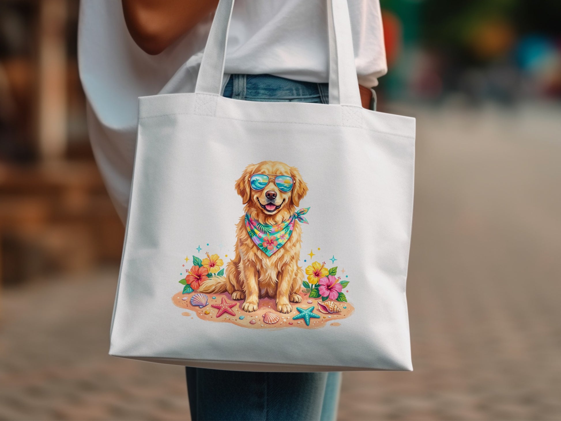 Golden Retriever wearing sunglasses and bandana on beach, printed on a white tote bag.