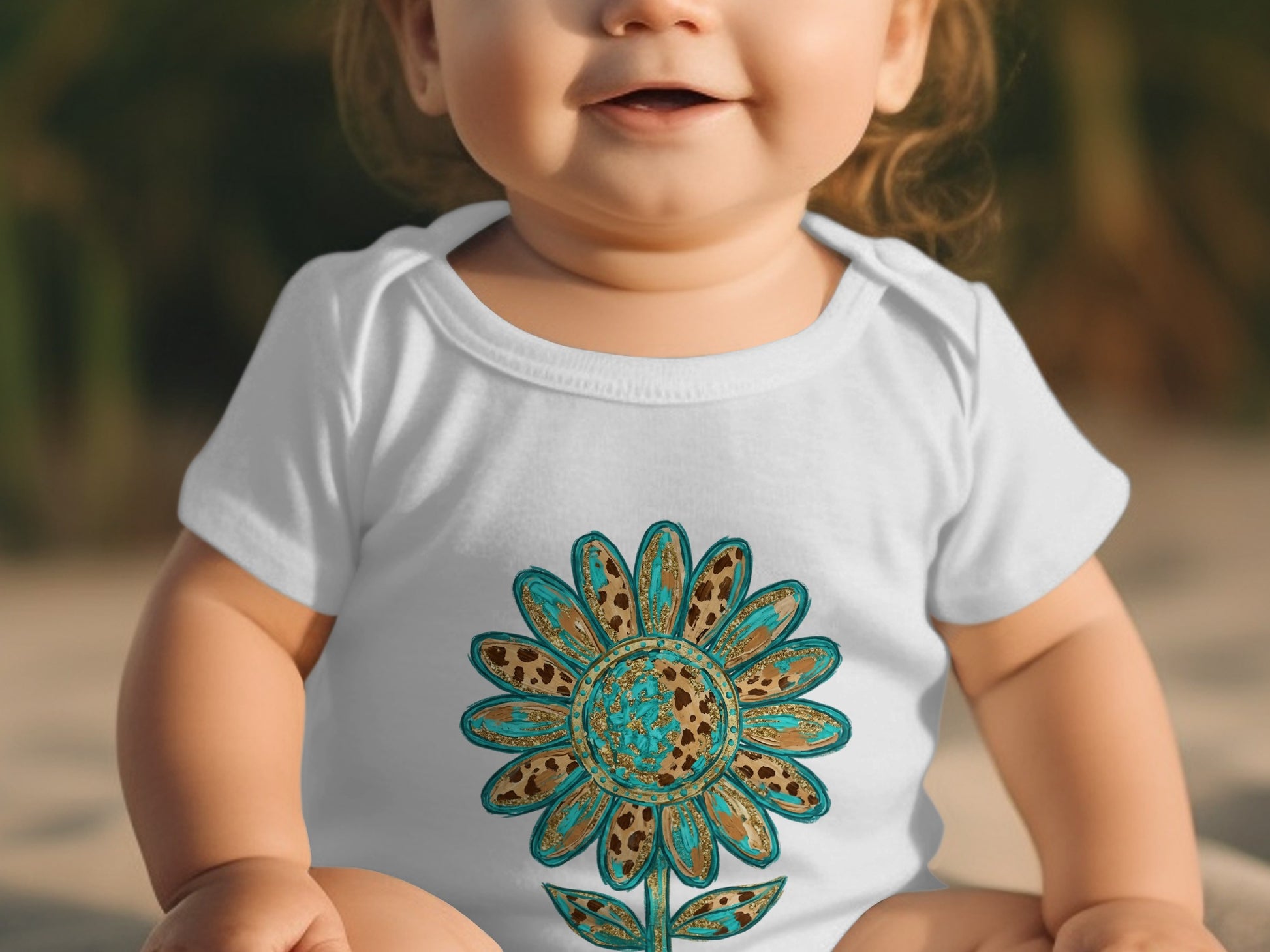 Baby wearing white onesie with turquoise and leopard print flower design.