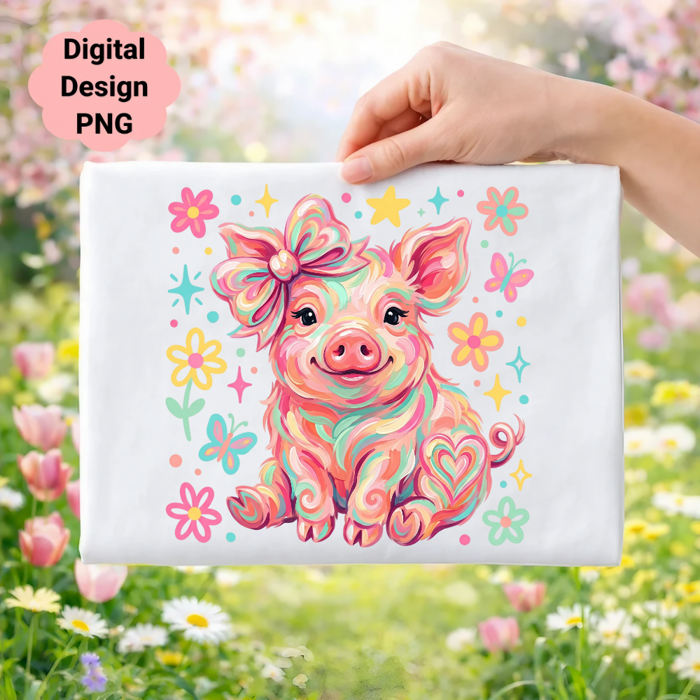 Colorful cartoon pig with bow, surrounded by flowers and butterflies.