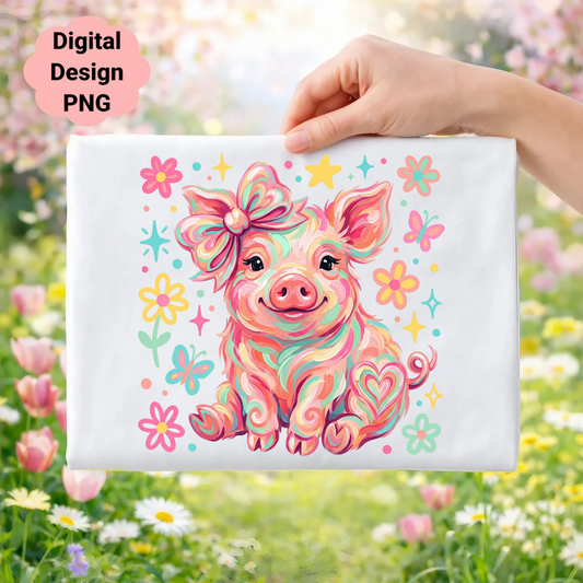 Colorful cartoon pig with bow, surrounded by flowers and butterflies.