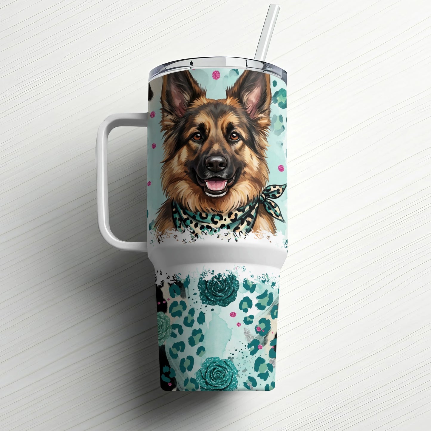 German Shepherd face on tumbler with bandana, turquoise leopard spots, and floral accents.