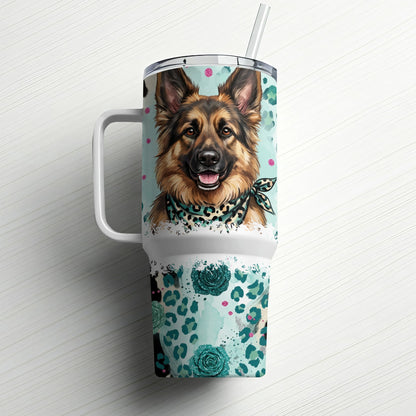 German Shepherd face on tumbler with bandana, turquoise leopard spots, and floral accents.