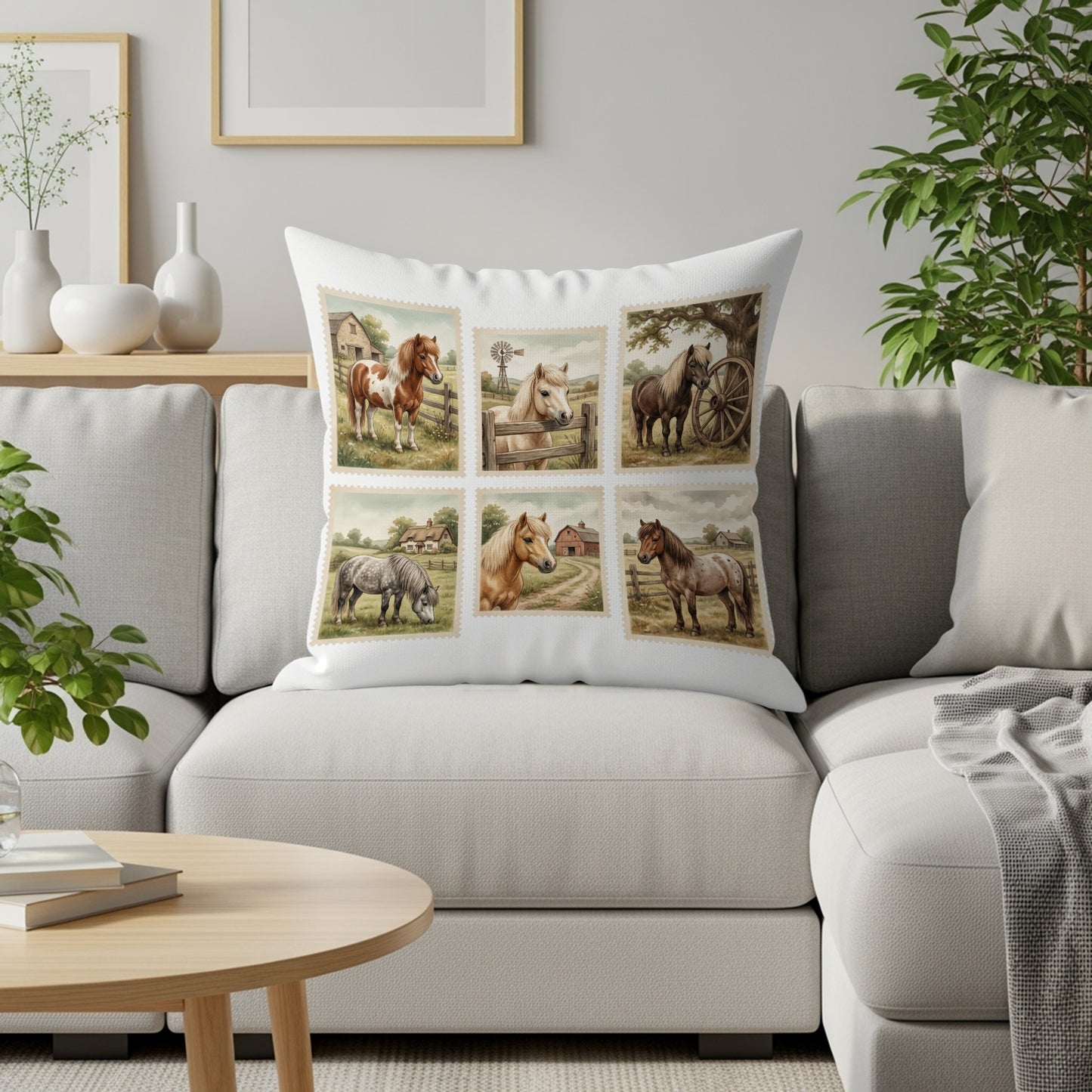 Cushion with six postage stamp-style images of horses in various farm settings.