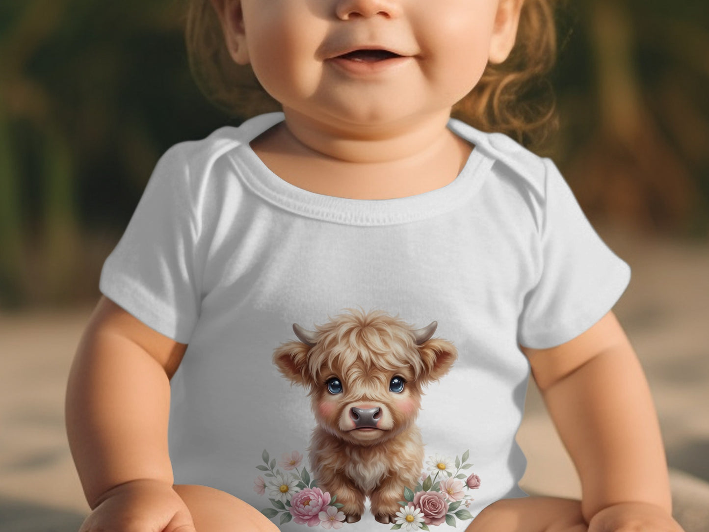 Baby wearing white bodysuit with a cute Highland cow and floral illustration.