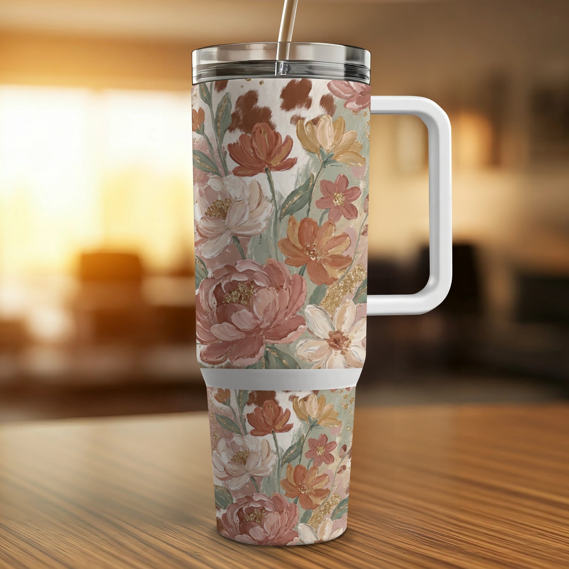 Floral patterned 30oz tumbler with handle and straw.