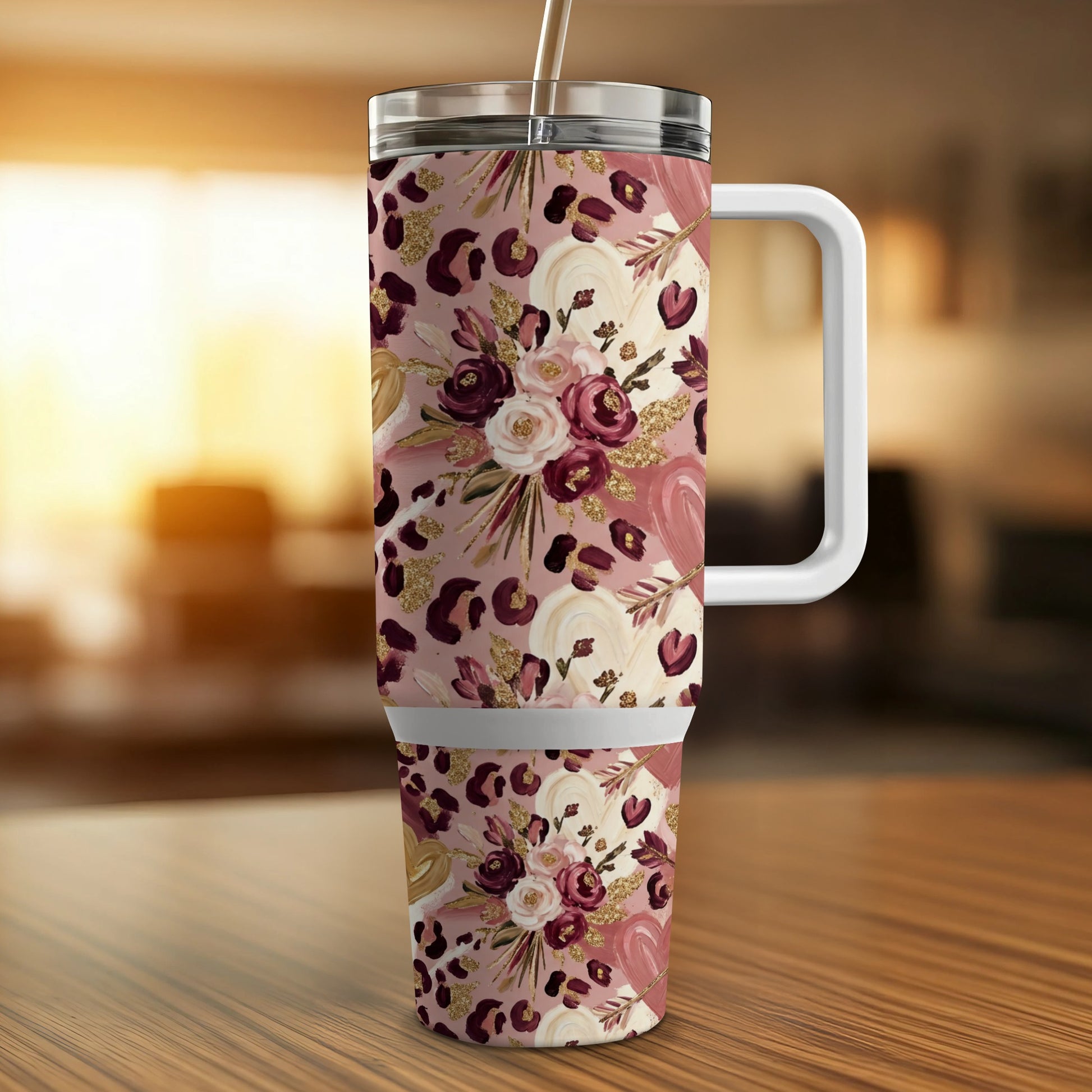 Floral and leopard print 30oz tumbler with handle and straw.