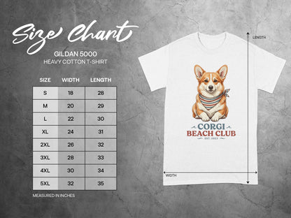 Gildan 5000 size chart for Heavy Cotton T-Shirt with Corgi Beach Club graphic.