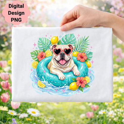 Bulldog wearing heart sunglasses in a pool float surrounded by lemons and flowers.