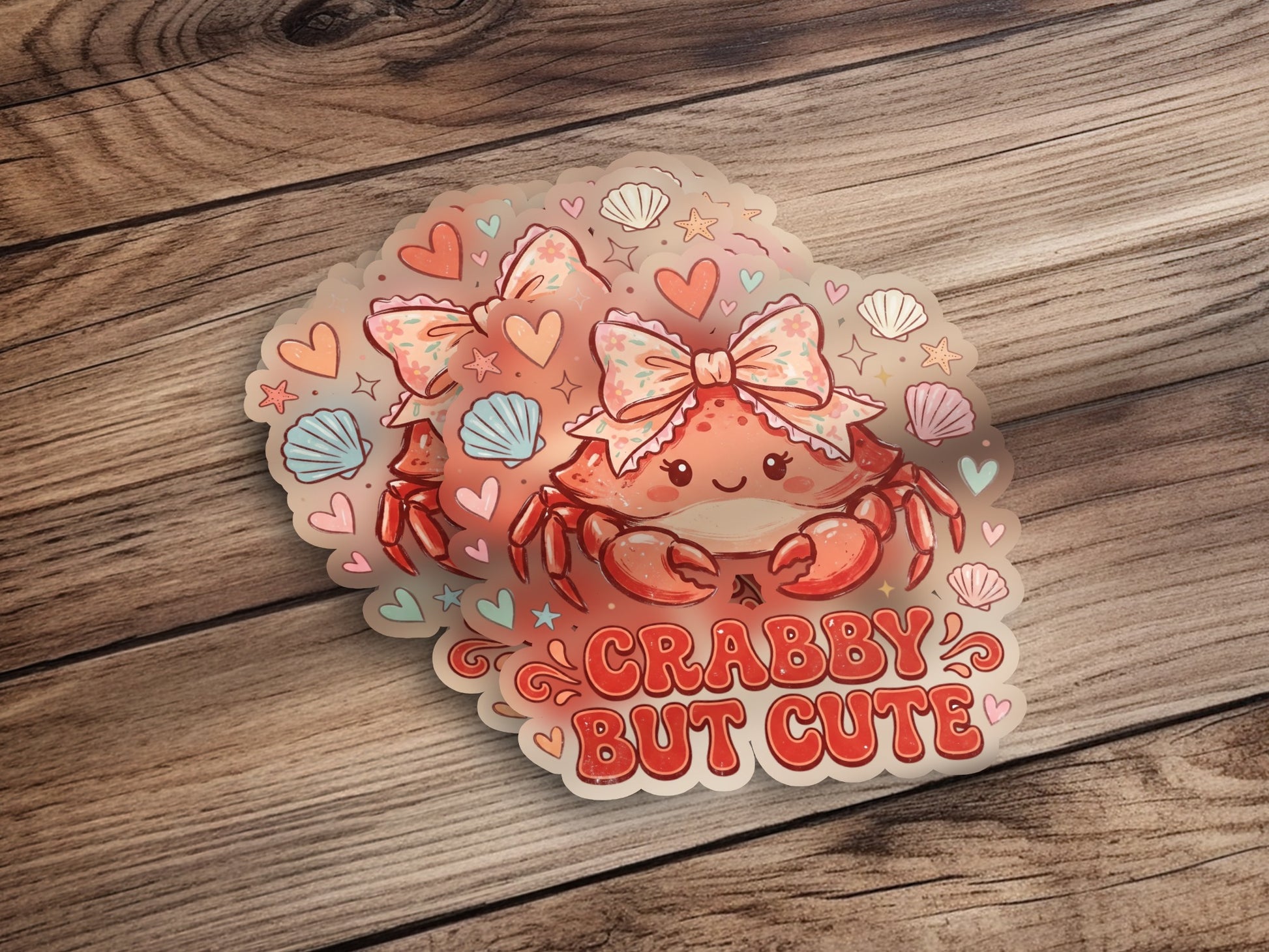 Crabby but cute sticker featuring a crab with bows and shells.