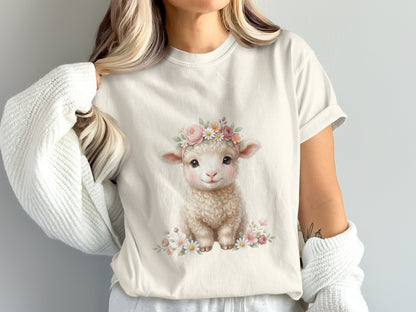Cream t-shirt with a watercolor illustration of a cute lamb wearing a flower crown.
