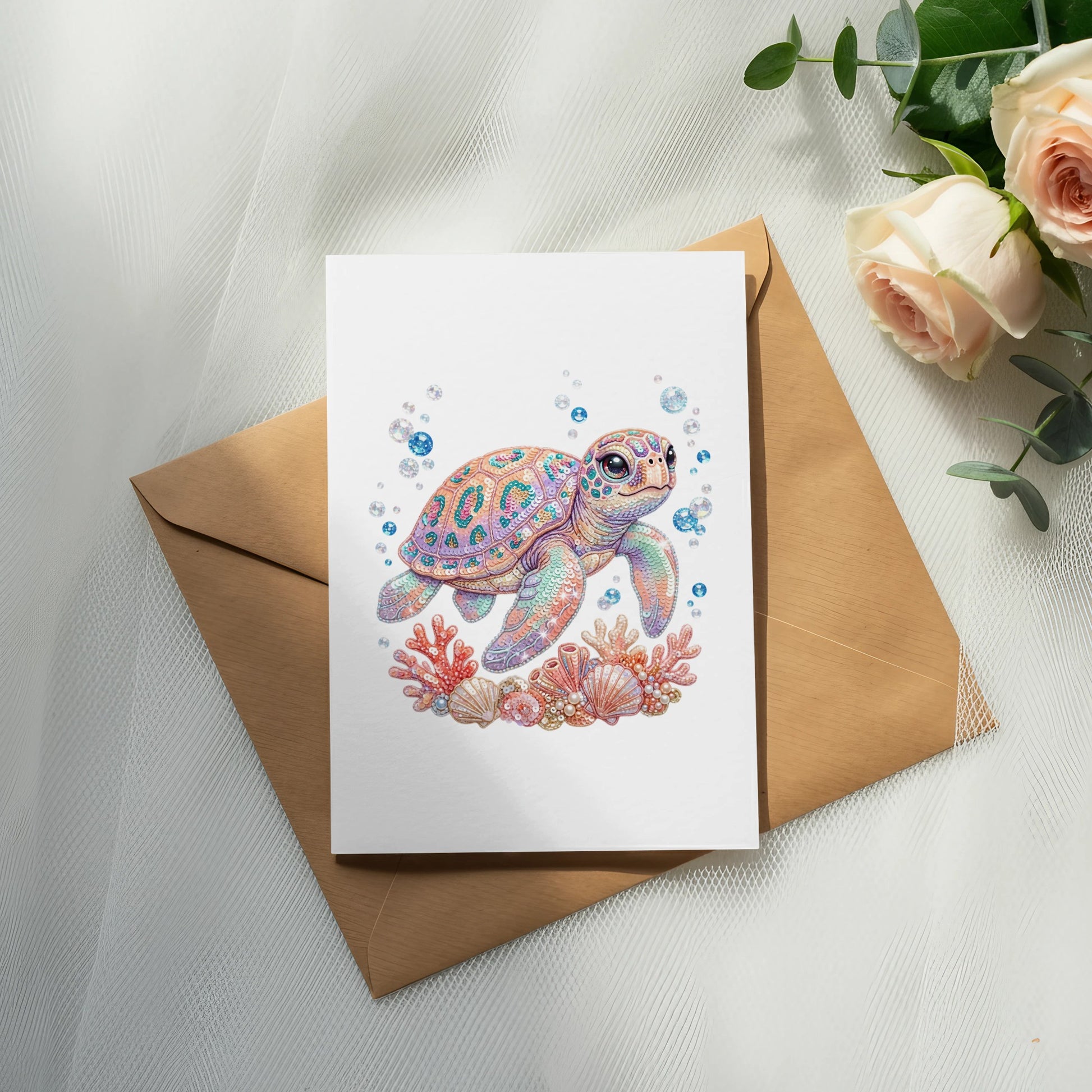 Illustration of a colorful sea turtle on a card with shells and bubbles.