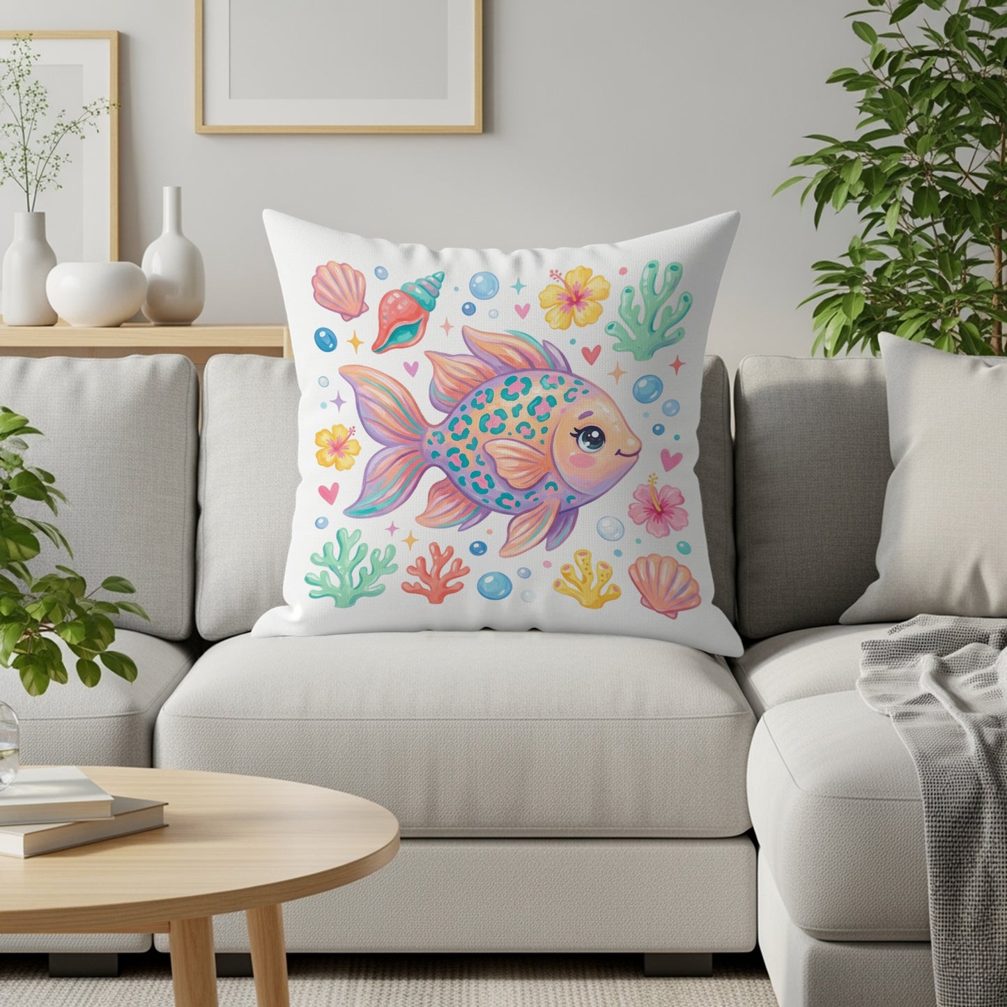 Whimsical fish with colorful scales and sea life on a decorative throw pillow.