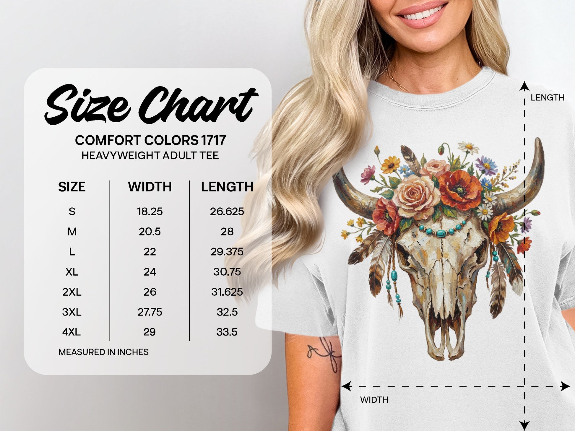 Size chart for Comfort Colors 1717 heavyweight adult tee with measurements.