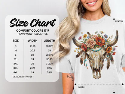 Size chart for Comfort Colors 1717 heavyweight adult tee with measurements.