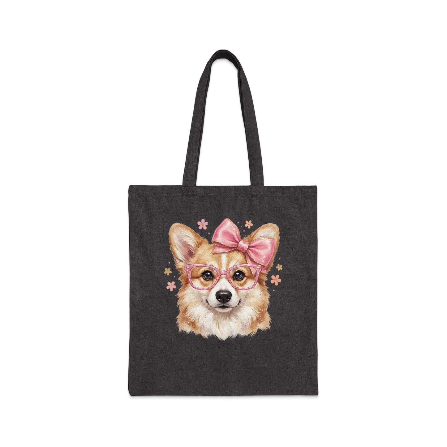 Watercolor corgi wearing pink bow and glasses, surrounded by small flowers.