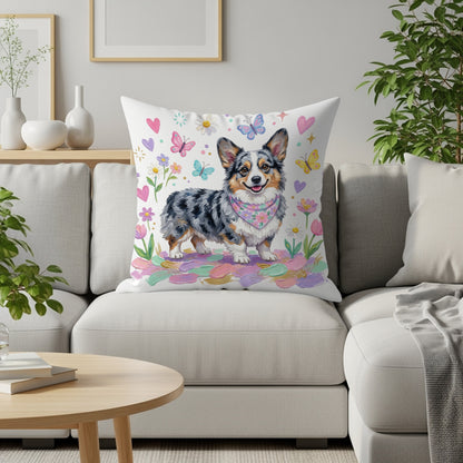 Corgi wearing a bandana on a couch surrounded by flowers and butterflies.