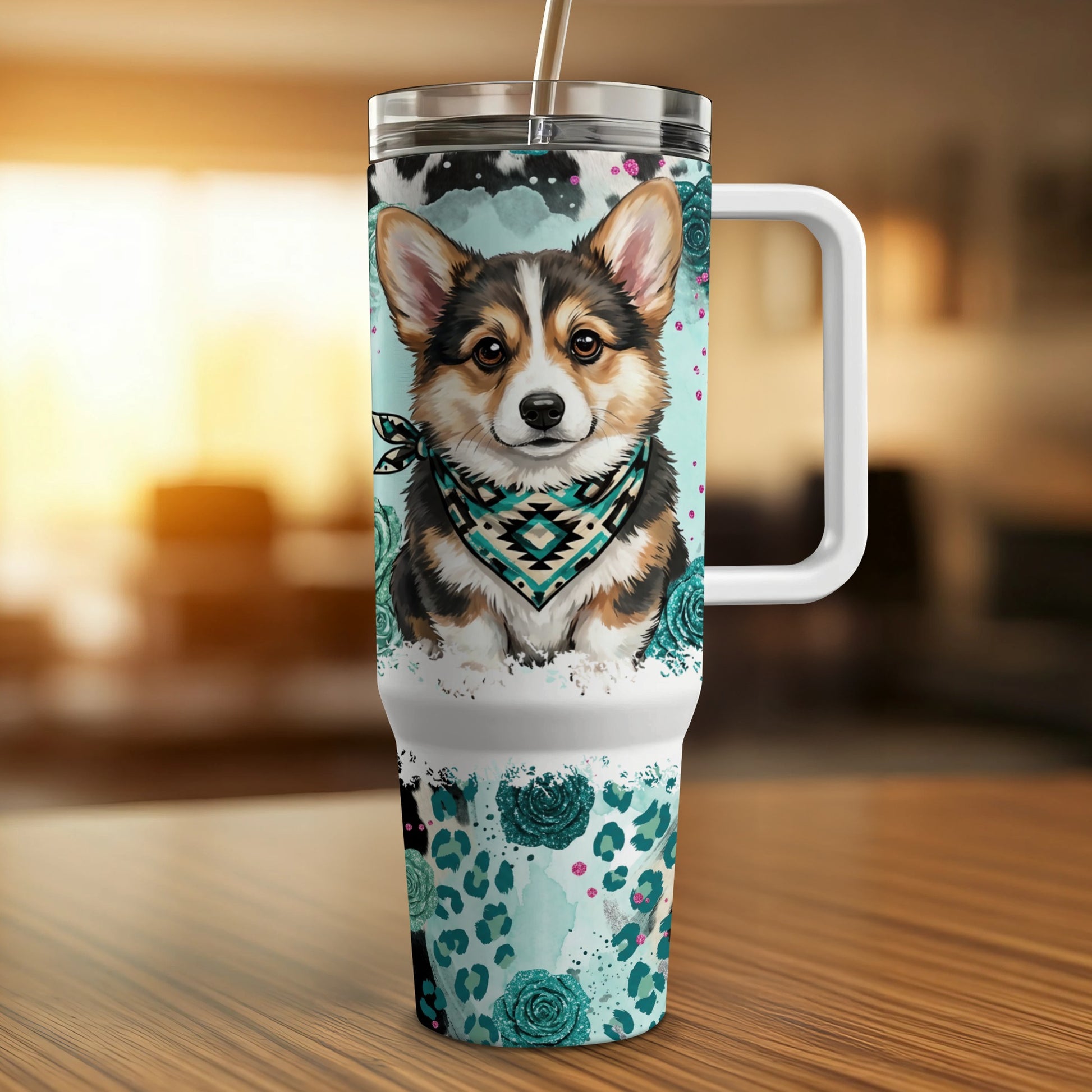 Tricolor Corgi with bandana on a turquoise tumbler with leopard print.