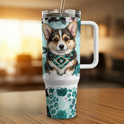 Tricolor Corgi with bandana on a turquoise tumbler with leopard print.