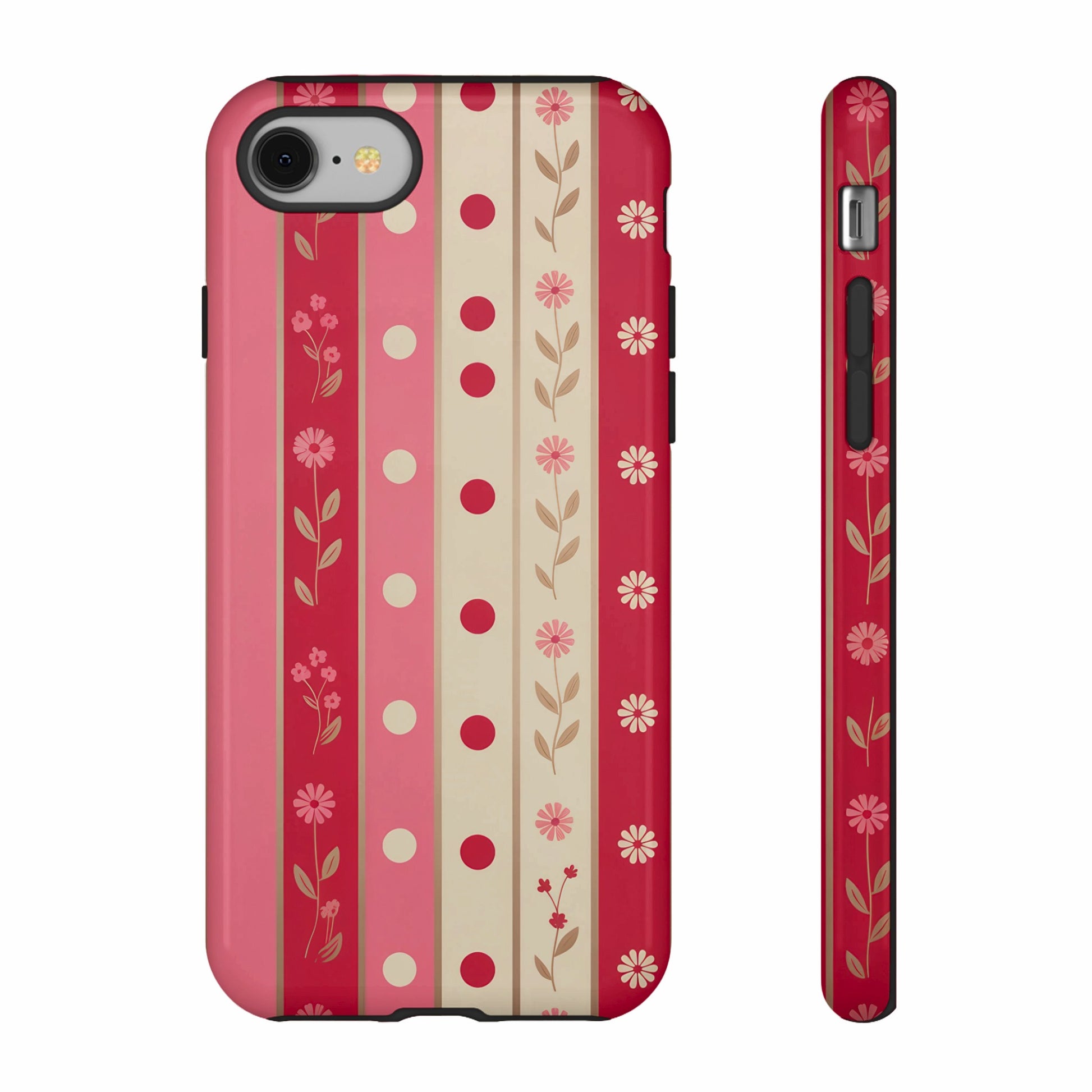 Pink striped phone case with flowers and polka dots, front and side view.