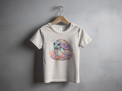 Cute cartoon turtle swimming among colorful coral and seashells.