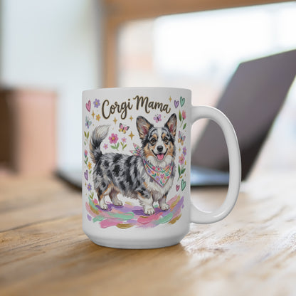 White mug with a fluffy corgi and "Corgi Mama" text, surrounded by hearts and butterflies.