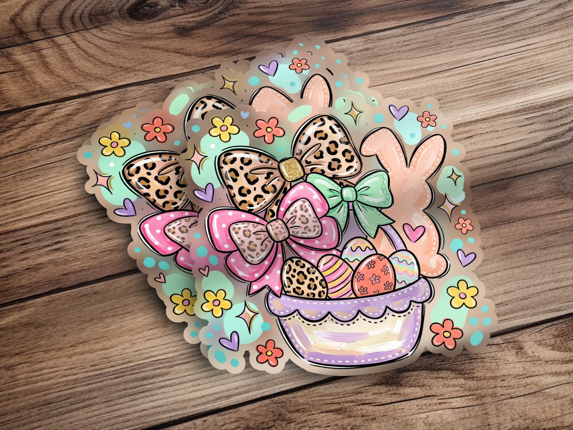 Easter basket with eggs, bows, and bunnies, outlined in pastel colors.