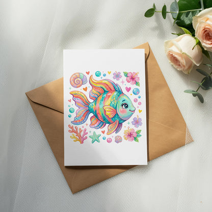 Colorful cartoon fish and sea life on a greeting card with envelope.