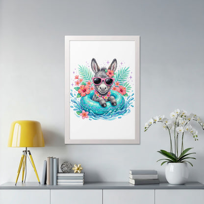 Donkey in inner tube with sunglasses and flowers on a white framed print.