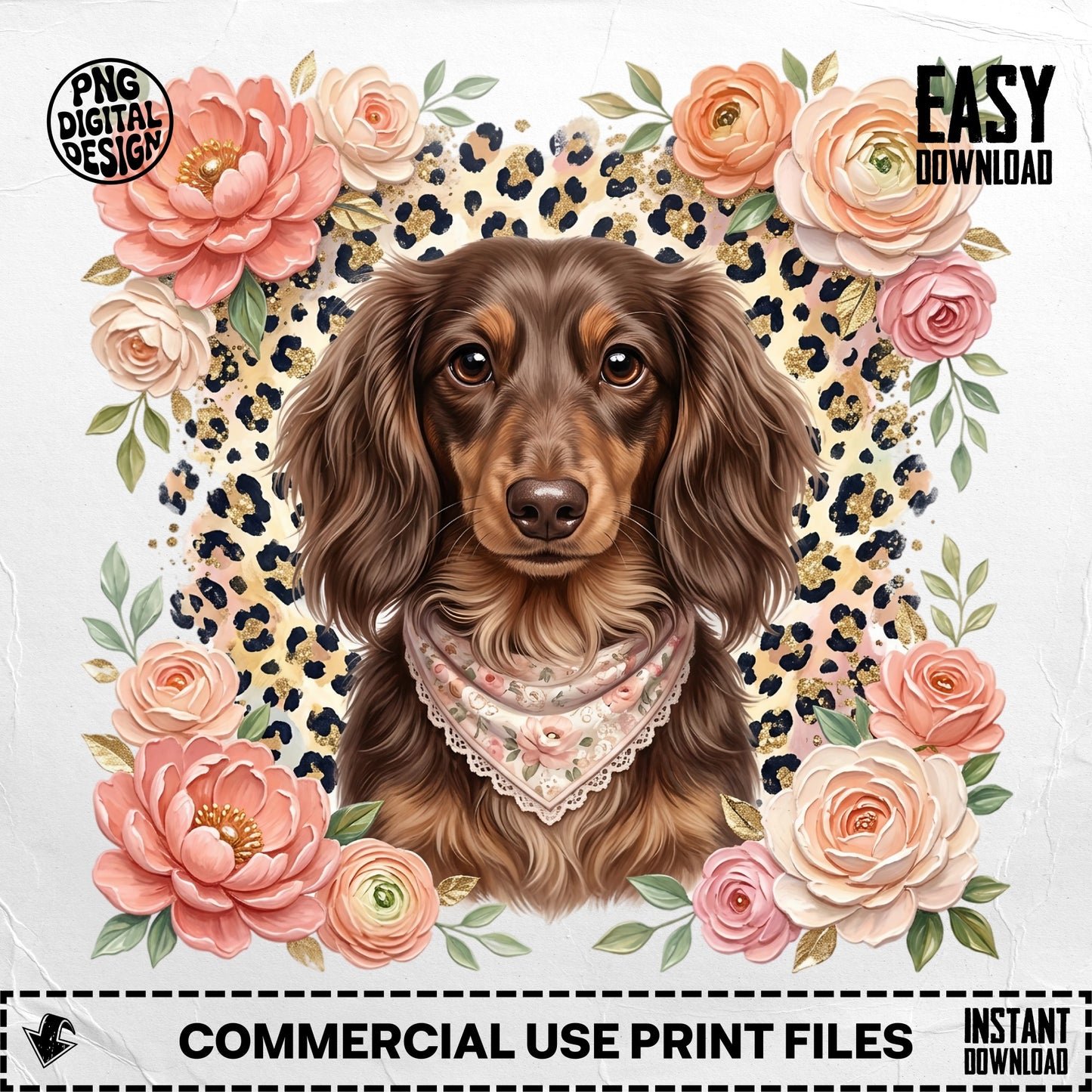 Longhaired dachshund wearing a bandana, surrounded by roses and leopard print.