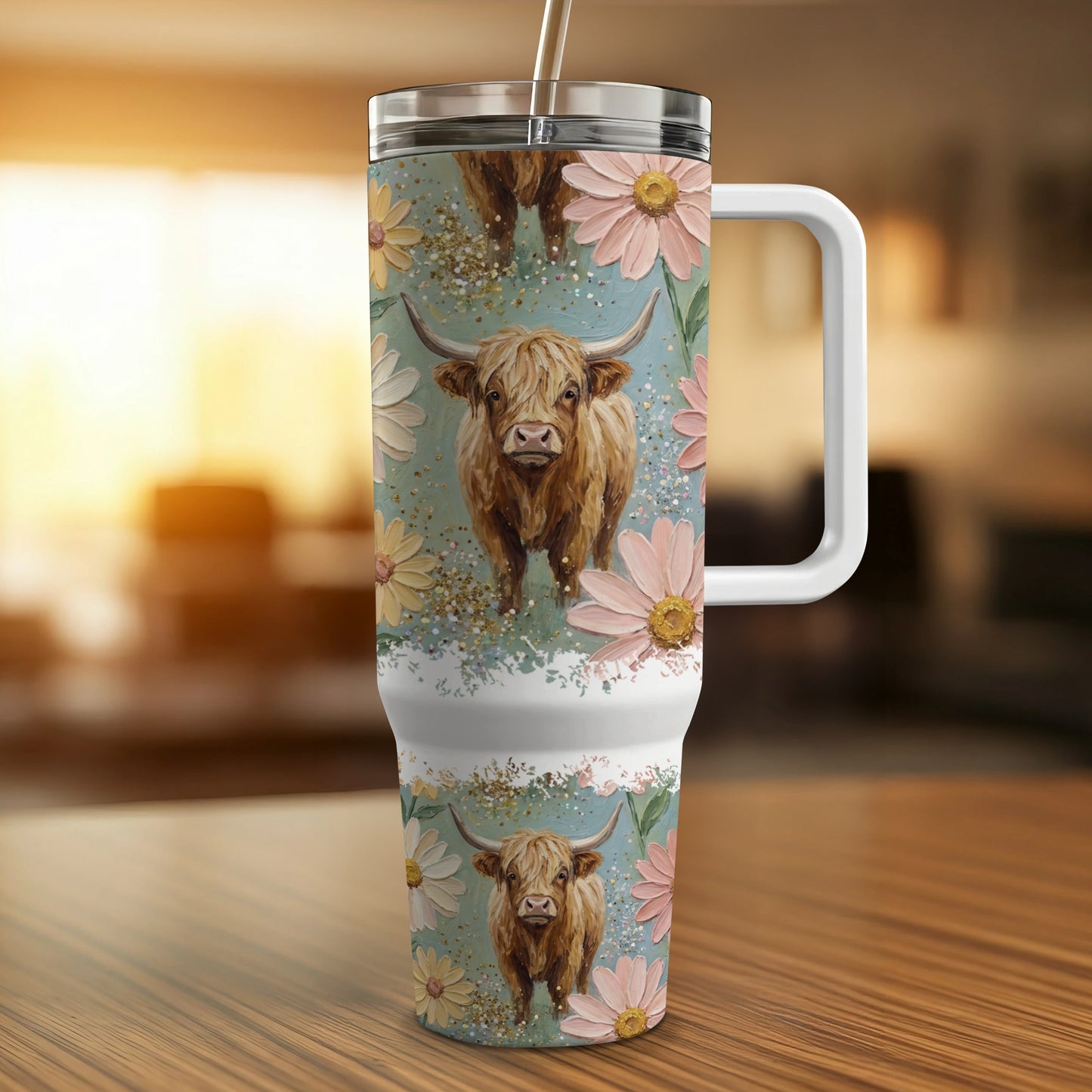 Highland cow with flowers pattern on a white tumbler with handle.