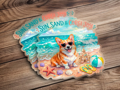 Corgi on a beach with sunglasses, sandcastle, and beach ball.