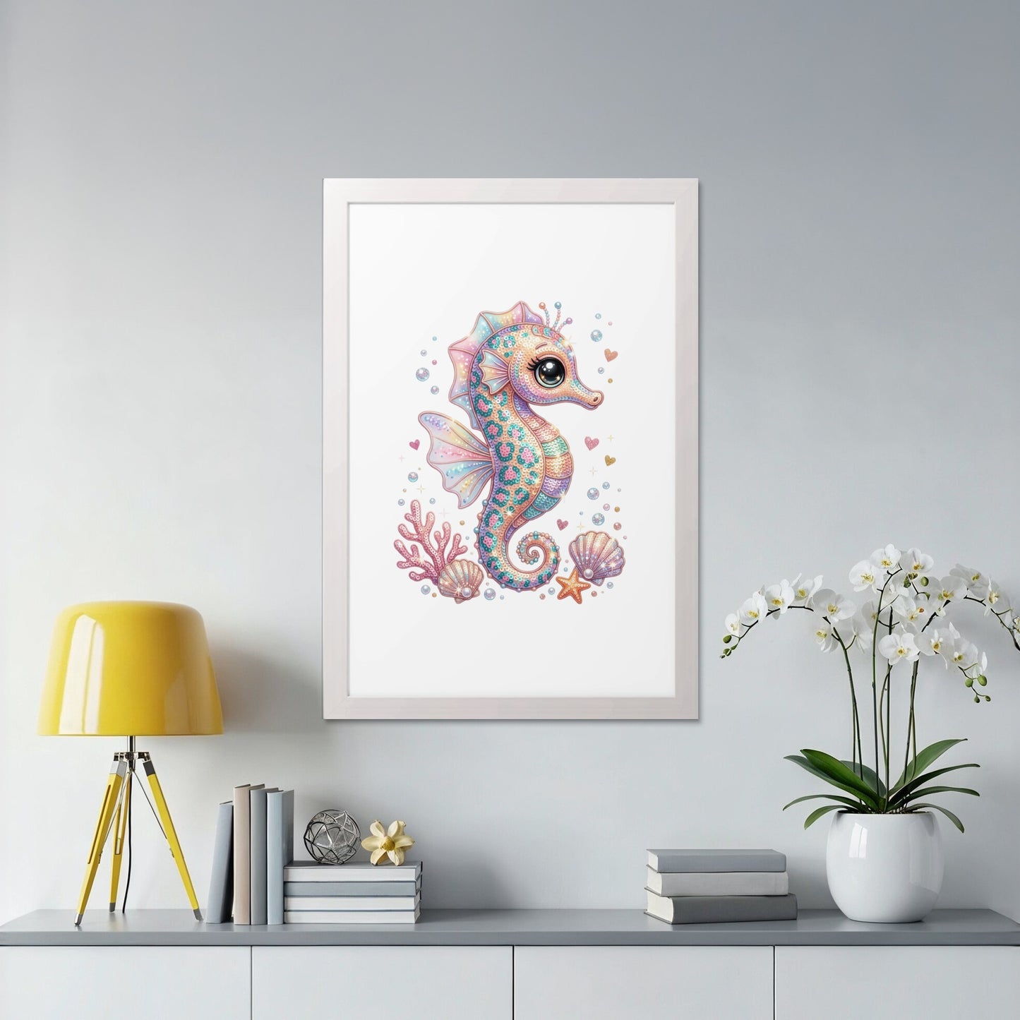 Watercolor seahorse art with shells and coral on a pastel background.