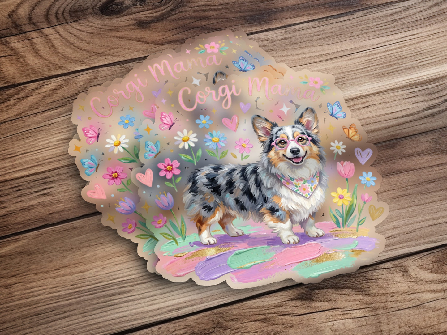 Corgi Mama with blue merle corgi and pastel flowers.