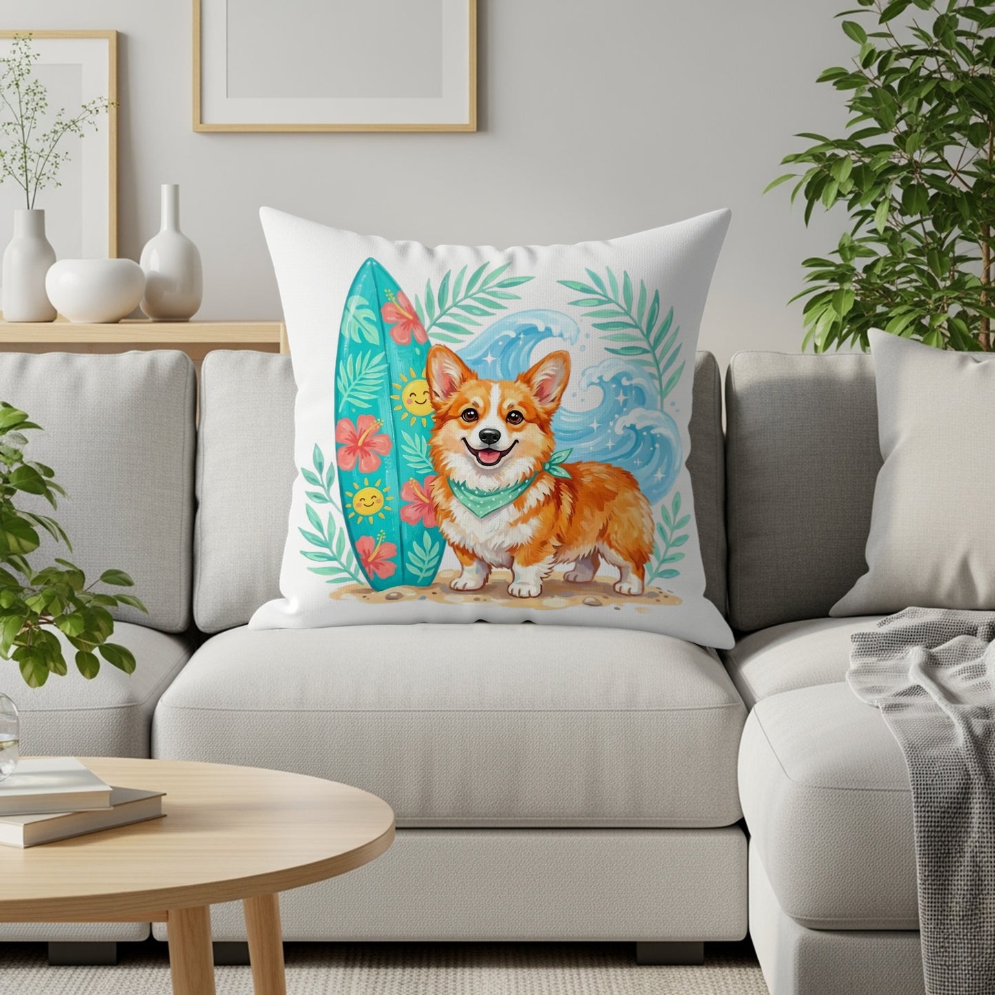Pembroke Welsh Corgi wearing bandana on a pillow with surfboard and waves.