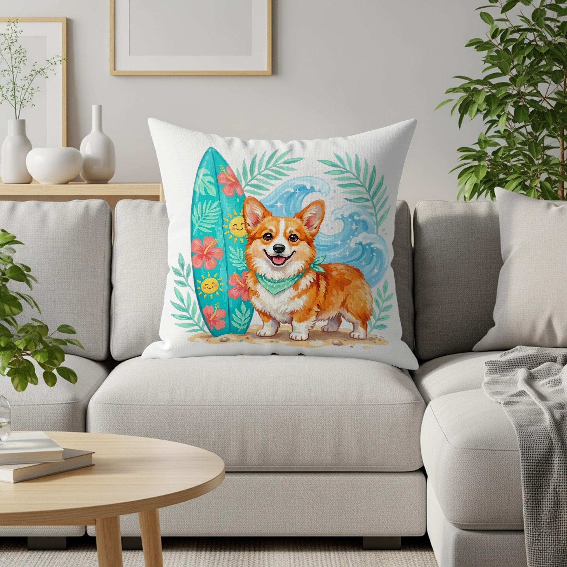 Pembroke Welsh Corgi wearing bandana on a pillow with surfboard and waves.