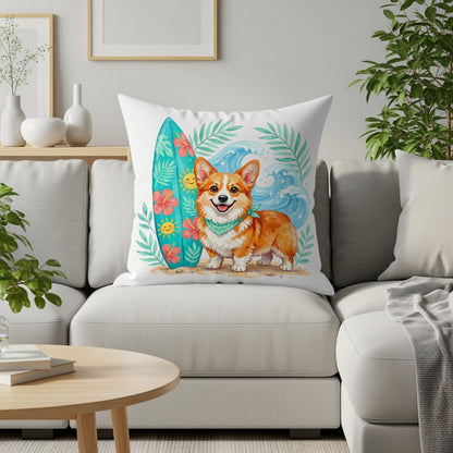Pembroke Welsh Corgi wearing bandana on a pillow with surfboard and waves.