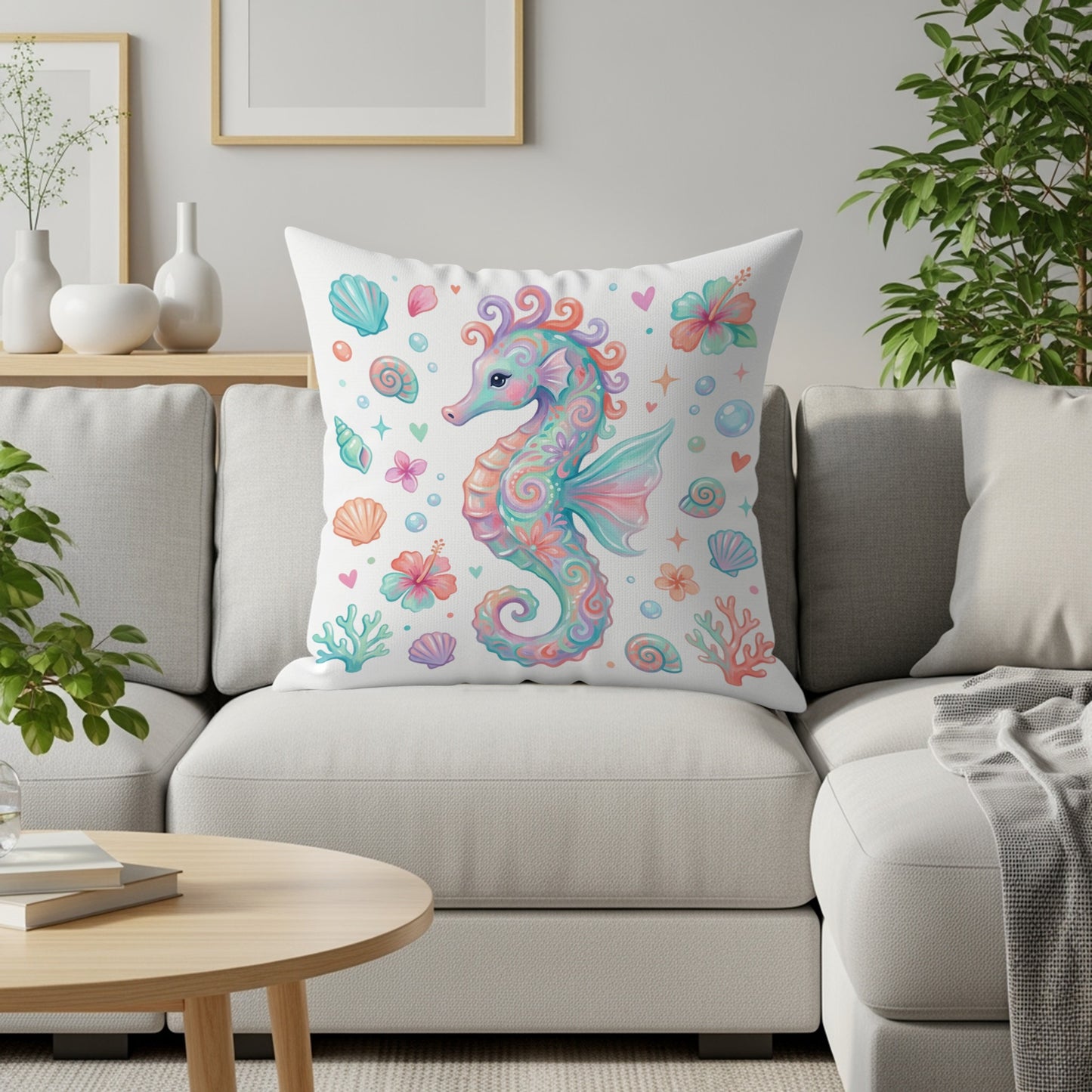 Seahorse, shells, and coral pattern on a white throw pillow.