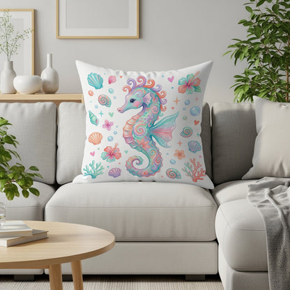 Seahorse, shells, and coral pattern on a white throw pillow.