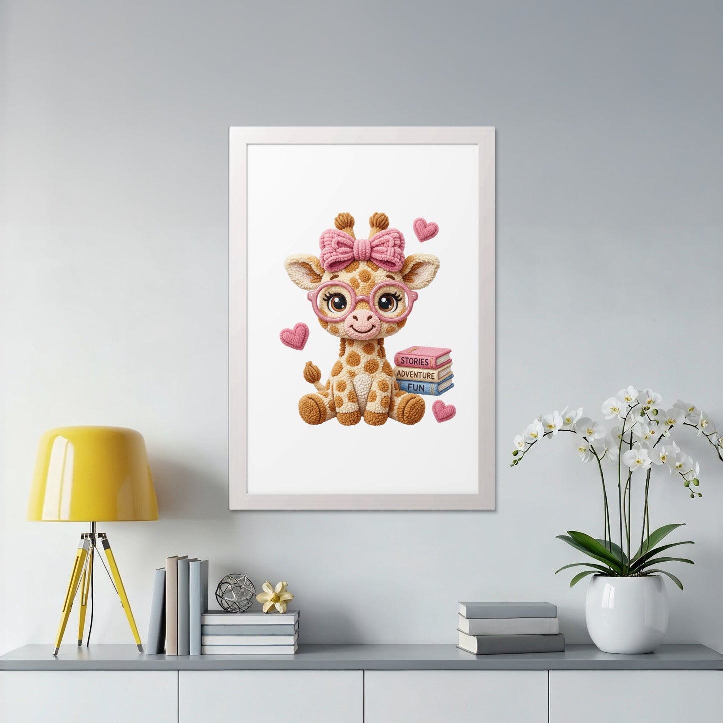 Cute cartoon giraffe with glasses and pink bow sitting by books.
