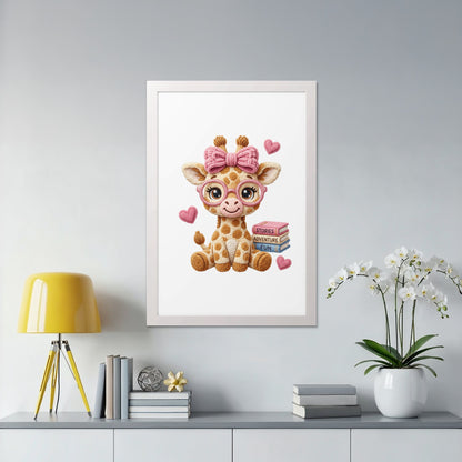 Cute cartoon giraffe with glasses and pink bow sitting by books.