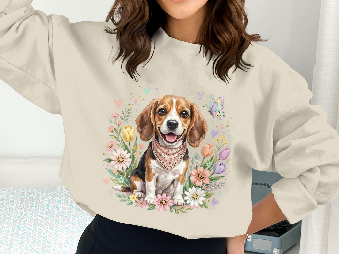 Sweatshirt with a beagle wearing a bandana surrounded by flowers and hearts.