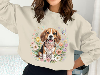 Sweatshirt with a beagle wearing a bandana surrounded by flowers and hearts.