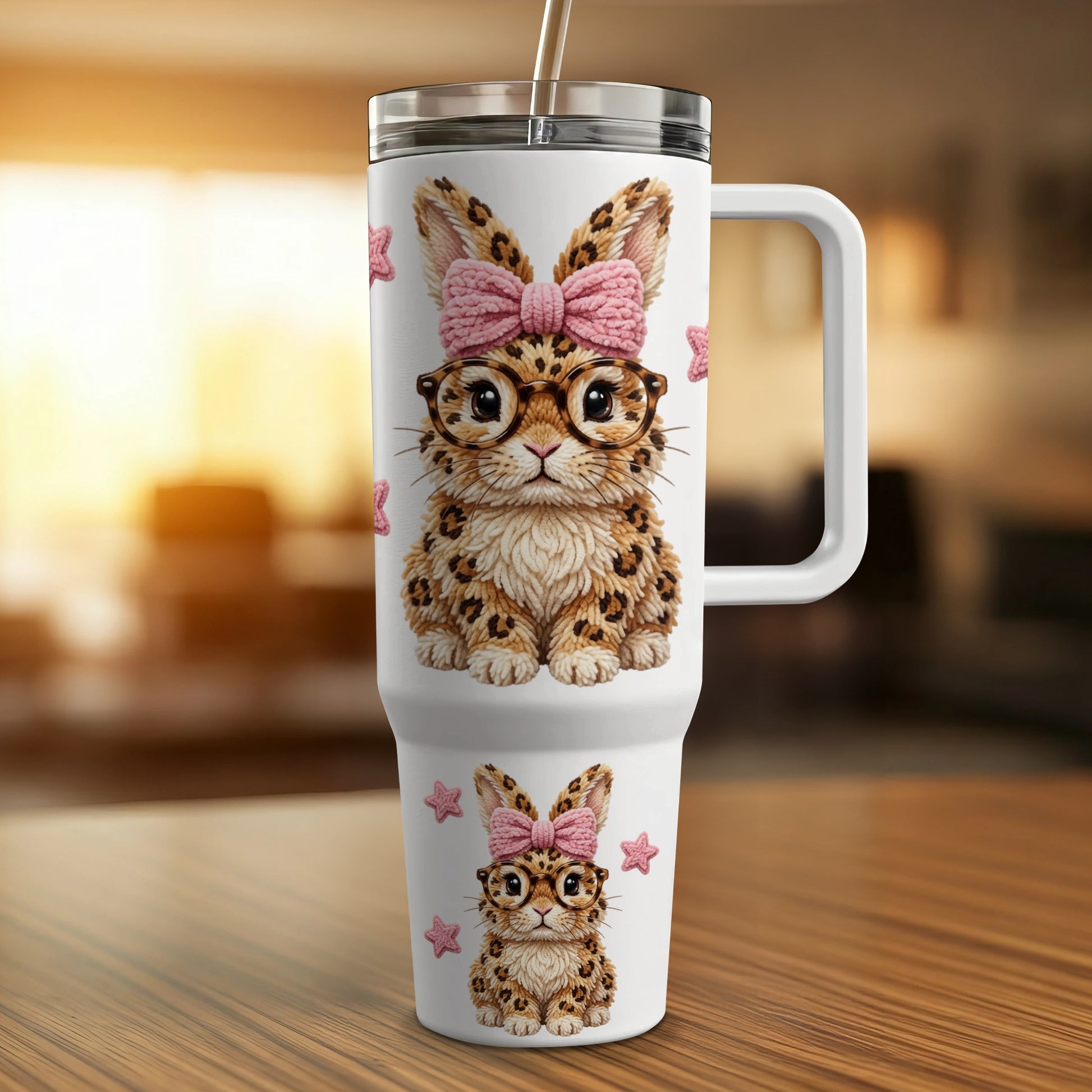 Travel tumbler with a leopard-print bunny wearing glasses and a pink bow.