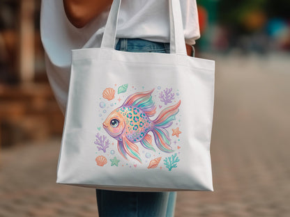 White tote bag with a colorful cartoon goldfish, shells, and coral.