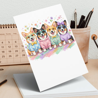 Four smiling corgi dogs wearing glasses and colorful shirts, printed on a card.
