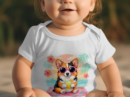 Baby in white onesie with corgi and sunglasses graphic.