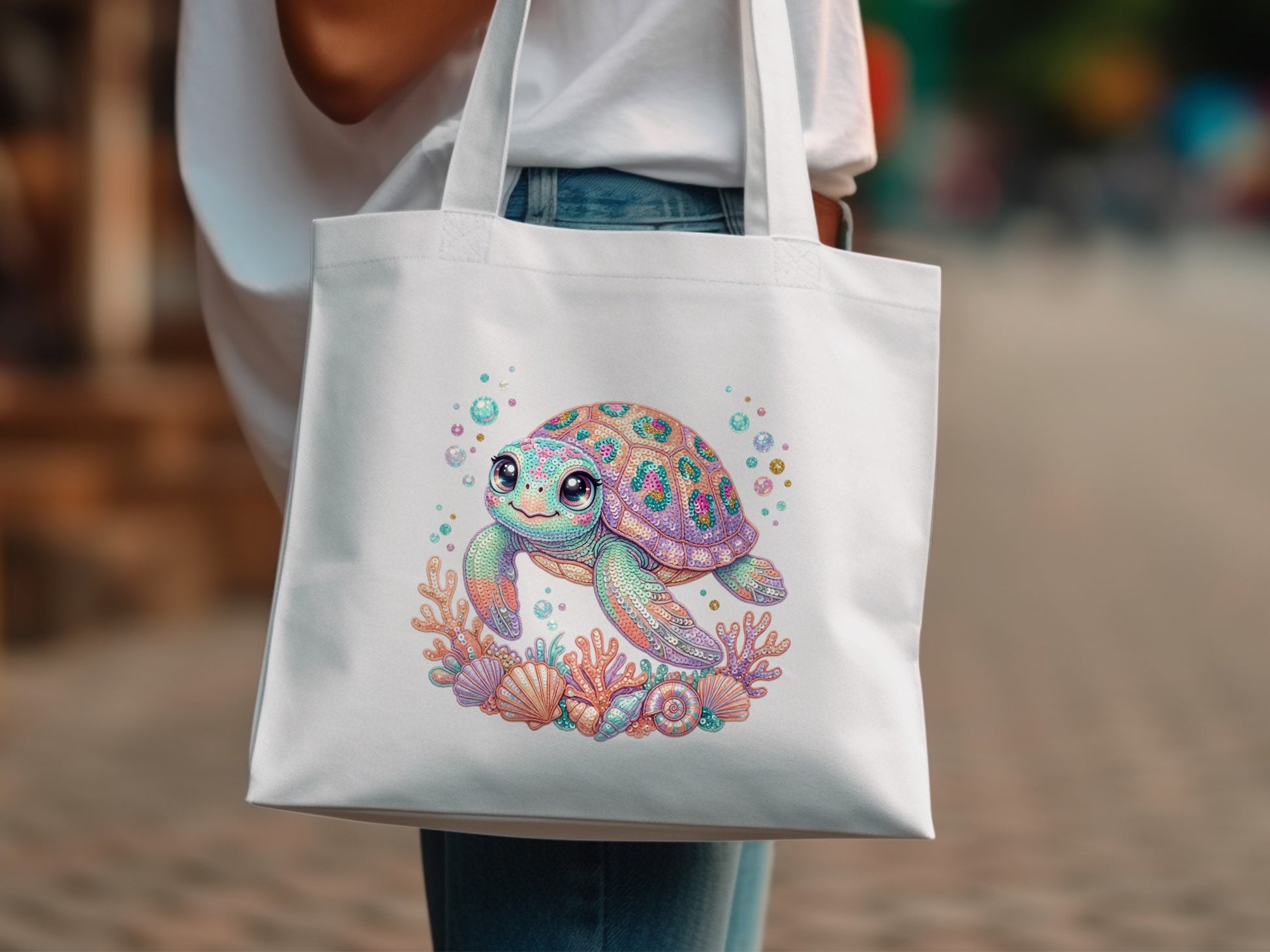 White tote bag with a colorful cartoon turtle and seashells design.