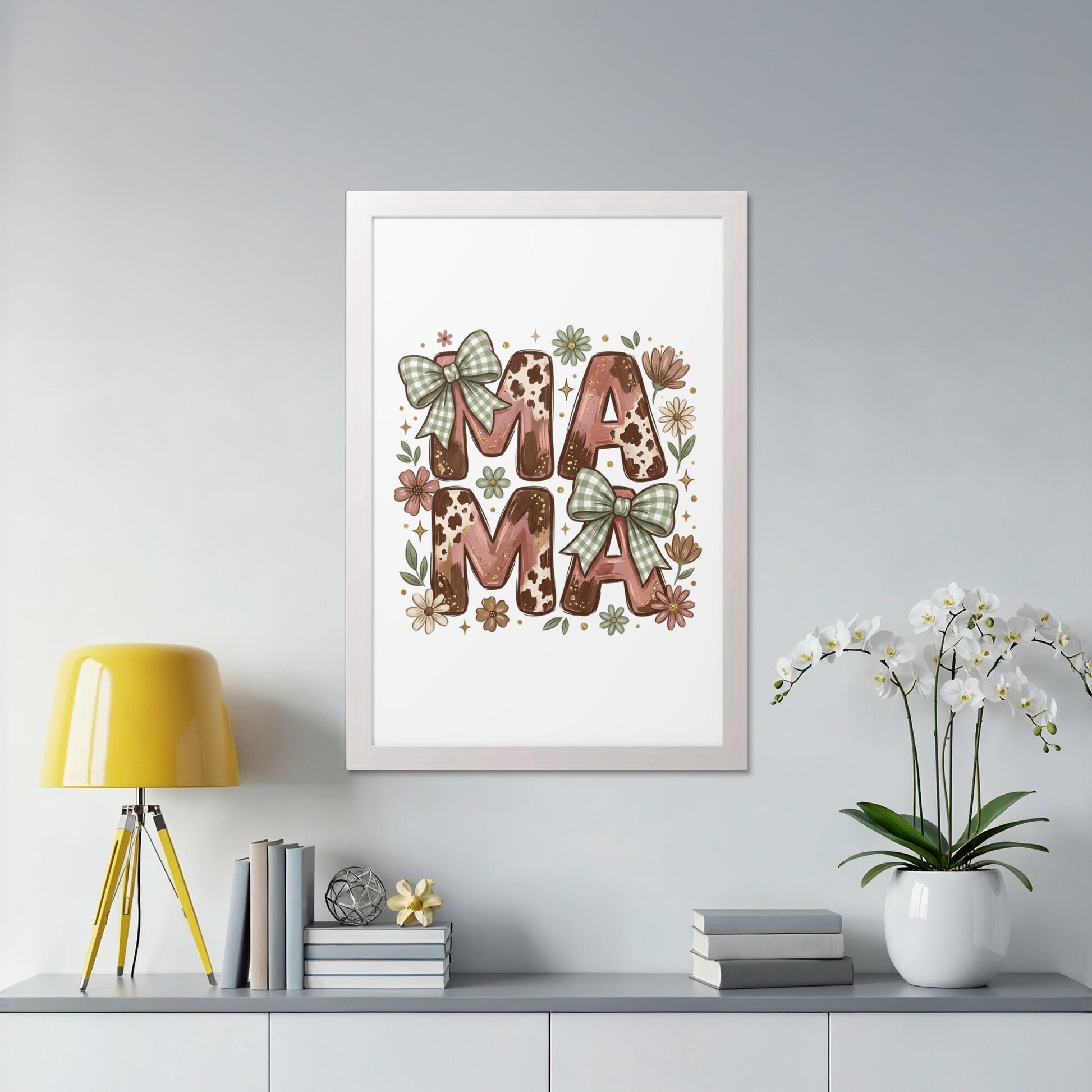 Framed "MAMA" art with gingham bows and floral accents.