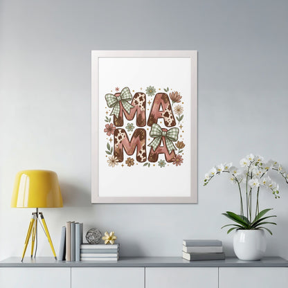 Framed "MAMA" art with gingham bows and floral accents.