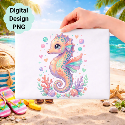 Cartoon seahorse with coral and bubbles on a beach background.